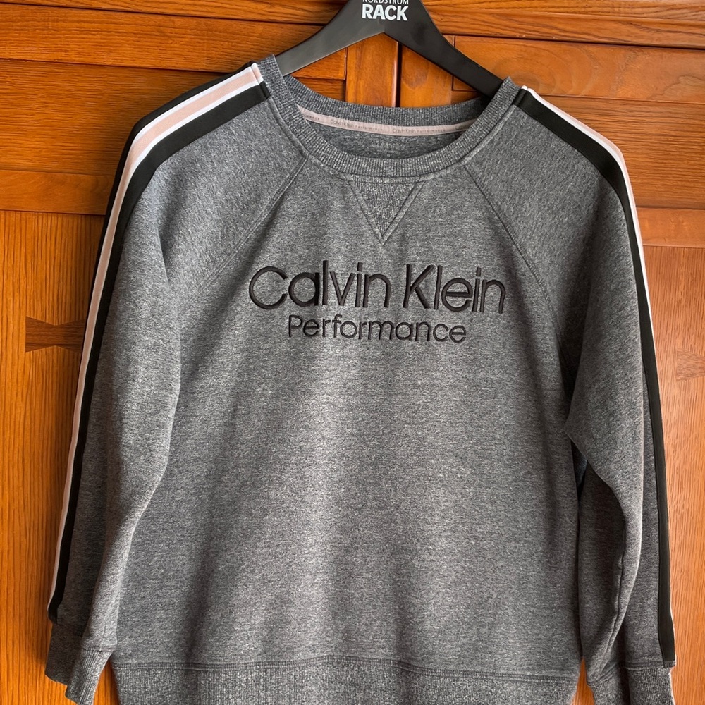 Calvin Klein Charcoal Sweatshirt with Blush/White/Black Stripe  Accents